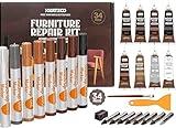 Katzco Furniture Repair Kit Wood Markers - Set of 34 - Markers and Wax Sticks with Sharpener - for Stains, Scratches, Floors, Tables, Desks, Carpenters, Bedposts, Touch-Ups, Cover-Ups