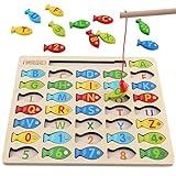 Magnetic Wooden Fishing Game Toy for Toddlers, Alphabet Fish Catching Counting Games Puzzle with Numbers and Letters, Preschool Learning ABC Math Educational Toys 3 4 5 Years Old Girl Boy Kids