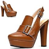 SHODENSE Women Tan Platform Loafers Pumps Chunky Block High Heel Round Closed Toe Sandals Ankle Strap Slingback Summer Shoes Backless Buckle Loafer Office Ladies Sexy Chic Y2k Fashion Matte Brown 8