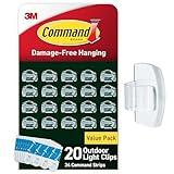 Command Outdoor Light Clips, 20 Clear Clips and 24 Command Strips, Damage Free Hanging Outdoor Light Clips with Weather Resistant Strips, Wall Clips for Hanging Outdoor Lights and Cable Management