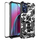 Phone Case for Motorola G-5G 2022,Moto G 5G 2022 Case w/Tempered Glass Screen Protector(Full Coverage) Shockproof [Military-Grade][Built-in Kickstand] Protective Cover for Man White Black Camo