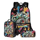 Talayituse Tractor Paint Splatter Print Kids Backpack for Boys Teens, Preschool Elementary School Bag Travel Bapack, 3Pcs Bookbag Set with Lunch Box Pencil Case