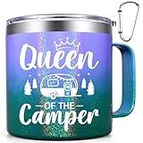 Qtencas Camping Gifts for RV Campers, Queen of The Camper Coffee Mug for Women, Insulated Stainless Steel Mug, Birthday Christmas Camping Lovers Gifts for Outdoors, Camping, Picnic, 14oz Gradient