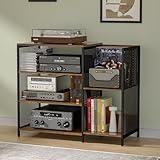 Large Professional Record Player Stand Table with Record Storage Holder, 4 Tier Rustic Media Console Table Stereo Stand Cabinet, Audio Video Shelving/Turntable Stand Shelf for Entertainment Center