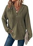 Dokotoo Womens Fall Fashion Outfits Clothes 2024 Oversized Hoodies Sweatshirts Waffle Knit Drawstring Button V Neck Long Sleeve Sweaters Casual Loose Solid Color Sweatshirt Hooded Tops Green X-Large