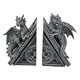 Design Toscano Castle Dragon Gothic Decor Decorative Bookend Statues, 8 Inch, Set of Two, Polyresin, Grey Stone