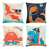 Juvale 4 Pack Dinosaur Decorative Kids Throw Pillow Cover, 4 Dinosaur Designs, T-Rex Themed, Pterodactyl, Triceratops, Brachiosaurus (18 x 18 in)