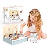Speedy Monkey Table-Set Kitchen with 8 Accessories, Portable Wooden Kitchen Toy with Stovetop, Spatula, Pan & More, Encourages Creative Play, Ideal for Kids to Cook, Serve and Clean Up