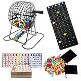 JUNWRROW Deluxe Bingo Game Set-Includes Bingo Cage,600 Colorful Bingo Chips with a Bag,100 Mixed Bingo Cards,75 Calling Balls with a Bag,Plastic Master Board-Ideal for Large Groups, Parties
