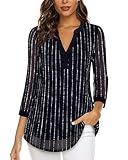 Timeson Women's 3/4 Sleeve Blouses Casual V Neck Dress Shirts Double Layers Mesh Tunics Tops Black White S