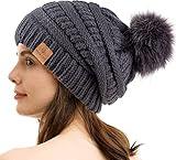 PAGE ONE Womens Fleece Lined Slouchy Beanie Chunky Baggy Hat Fur Pompom Winter Soft Warm Cap Dark Gray