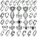 42 Pcs Vintage Silver Knuckle Rings Set for Women, Chunky 17IF Colorful Stone Rings Aesthetic Snake Grunge Stackable Gothic Ring Adjustable Y2K Punk Boho Finger Alt of Rings, Stacking Skull Moon Star Flower Link Midi Ring Pack