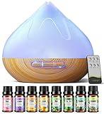 Aroma Diffuser with Essential Oils Set, 500 ML Essential Oil Diffuser with Remote Control, Humidifier with 14 Color Lights for Large Room, 4 Timer Setting, Auto Shut-Off