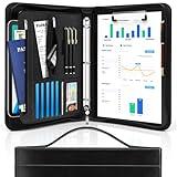 Padfolio Portfolio Organizer Binder with Zipper and Hidden Handle, PU Leather Portfolio Folder for Documents, Business Card Holder, Notepad Padfolio for Men&Women, Letter Size A4 Writing Pad. (Black)