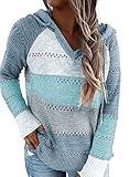 BLENCOT Women's Casual Color Block Hoodies Sweater Long Sleeve Drawstring Pullover Sweatshirts Fashion Knitted Tops Blue XXL