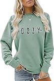 Hapwalyn Cozy Season Sweatshirt, Get Cozy Shirt Women Casual Crewneck Pullover Tops, Funny Fall Winter Sweater Weather Blouse Green