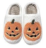 Qubuwalk Halloween Pumpkin Slippers for Women Men Spooky Slides Soft Plush Fuzzy Slippers Cozy House Slippers Indoor Outdoor Shoes