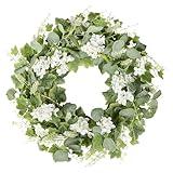 YNYLCHMX 18" Spring Summer Wreaths for Front Door, Artificial Wreath with White Flowers Grapevines Green Eucalyptus Leaves, Green Foliage Wreath for Wall Window Farmhouse Party Holiday Home Decor