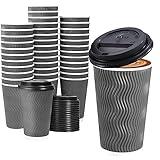 Lamosi 50 Pack - 16 oz Insulated Disposable Coffee Cups with Lids, To Go Paper Coffee Cups with Lids, Corrugated Ripple Wall Cup for Hot Drink, Office, Coffee Bar (Grey)