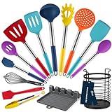 HOTEC Heat Resistant Silicone Kitchen Utensils, Cooking Utensil Set, Spatula Set, BPA Free, Kitchen Gadgets, Utensils Holder, Dishwasher Safe, 14pcs Multicolor