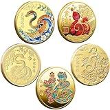 5 Pcs Chinese Lucky Coin 2025 New Year of The Snake Chinese Zodiac Coins Chinese Ancient Mythical Creatures Lucky Novelty Coins for Blessing Souvenir Spring Festival Collection Gift