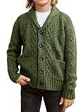 rrhss Boys Cable Knit Cardigan Sweater Kids Button Down Shawl Collar Outwear Sweater with Pockets 3-12 Years Army Green