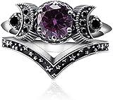 Fuqimanman2020 Wicca Pagan Triple Moon Godness Band Ring Set Purple Crystal Cresent for Women Wedding Engagement Promise Jewelry-8