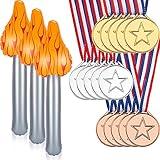 Zomiboo 18 Pieces Kids Winner Award Medals Sets 15 Pcs Gold Silver Bronze Plastic Medals for Awards 3 Pcs Inflatable Torch Prop for Winner Medieval Themed Party Sports Competitions