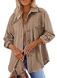 Dokotoo Women's Blouses & Button-Down Shirts Long Sleeve Tops V Neck Casual Loose Cable Knit Lightweight Shacket Oversized Boyfriend Solid Color Ladies Top and Blouse with Pocket Beige Large