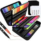 sunacme Art Supplier Dual Brush Markers Pens, 110 Artist Coloring Marker Set, Fineliner & Brush Tip Pen with Premium Case for Adults Coloring Books & Journal, Drawing, Doodlin