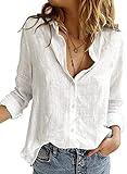 Astylish Women V Neck Solid Roll Up Sleeve Collared Shirts Blouses Summer Linen Tops for Teen Girls White Large