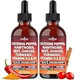 Cayenne Pepper Supplement Liquid Drops + Hawthorn Berry, Vitamin D3 K2 Beet Root Powder, Ceylon Cinnamon, Turmeric Curcumin, Organic Panax Ginseng - 4oz