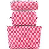 ZLFSRQ 3Pcs Checkered Makeup Bag for Women Large Small Checkered Cosmetic Bag Set Aesthetic Preppy Pencil Case Cute Pencil Pouch Pink Makeup Pouch for Purse Travel Toiletry Bags Zipper Skincare Bags