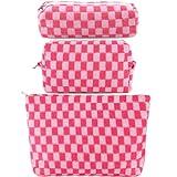 ZLFSRQ 3Pcs Checkered Makeup Bag for Women Large Cosmetic Bag Set Travel Toiletry Bag Makeup Pouch Bag for Purse Pink Zipper Storage Bag Organizer Cute Small Aesthetic Girls Car Essentials Bag