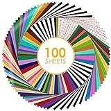 HTVRONT Permanent Vinyl for Cricut Machine-100 Pack 12 "x12 Adhesive Vinyl Sheets Set, 90 Sheets Permanent Vinyl Bundle & 10 Transfer Tape for Vinyl Permanent