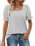 WIHOLL Spring Tops for Women 2025 Trendy Tunic Square Neck Cute Puff Sleeve Tshirts Clothes Grey S