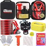 LIANXIN Car Roadside Emergency Kit, with Jumper Cables Automotive Kit,Car Safety Roadside Assistance Kit Headlamp,Tow Straps, Safety Hammers, Rainwear, Gloves.Black