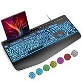 SABLUTE Large Print Backlit Computer Keyboards, Wired Lighted USB Keyboards with 7-Color Backlit, Wrist Rest, Phone Holder, Easy to Read and Type for Laptop, PC, Windows, Desktop