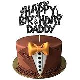 Ephlyn Happy Birthday Daddy Cake Topper, 1Pc Black Glitter Fathers Day Cake Decorations, Best Dad Ever Cake Topper for Father's Birthday Party Supplies