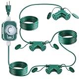 Feekoon 20 FT Outdoor Extension Cord with Mechanical Timer and 6 Outlet Plugs, 16AWG SJTW Green Power Cord with Safety Cover Heavy Duty Electric Flexible Cord for Outdoor Light Christmas Decoration