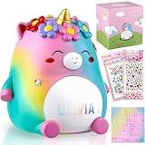 VeewyRee Unicorn Piggy Bank Girls – Cute Rainbow Kids Piggy Bank for Girls, Personalized Unbreakable Resin Coin Money Bank for Kids with Stickers for Toddlers