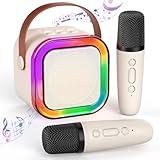 TAEMVV Mini Karaoke Machine for Kids Ages 2-12, Portable Bluetooth Karaoke Speaker with LED Party Lights & 2 Wireless Microphones, Perfect Birthday & Holiday Toys Gifts for Girls Boys (White)