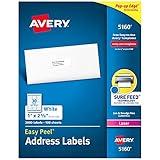 Avery Easy Peel Printable Address Labels with Sure Feed, 1" x 2-5/8", White, 3,000 Blank Mailing Labels (05160)