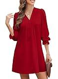 Dokotoo Cocktail Dresses for Women 2024 V-Neck Sexy Dresses Long Lantern Sleeve Ruffle A-Line Red Dresses for Women Pleated High Waist Short Middle Dresses Medium