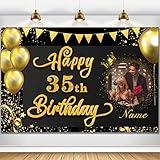 Custom Happy 35th Birthday Decorations Banner -35 Years Old Birthday Decorations Backdrop for Women Men Boys Girls - Personalization Happy 35th Birthday Party Decorations Supplies - Black and Gold