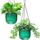 Melphoe 2 Pack Self Watering Hanging Planters Indoor Flower Pots, 6.5 Inch Outdoor Hanging Basket, Plant Hanger with 3Hooks Drainage Holes for Garden Home (Emerald)