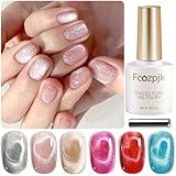 Fcozpjk Cat Eye Gel Nail Polish, Sparkle Glitter Cat Eye Gel Nail Polish Set with Magnet Stick Top & Base Coat, Pink Wine Red Blue Silver Cateye Nail Gel Kit Salon Gel Manicure Supplies 6 Colors