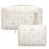 Zeyune 2 Pcs Cotton Quilted Makeup Bag, Large Travel Coquette Cosmetic Bag, Aesthetic Cute Floral Cherry Peony Toiletry Organizer skincare Bag for Women(Peony Style)