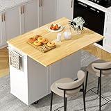 Shintenchi Kitchen Island with Folding Drop Leaf, Rolling Island Table with Storage, Kitchen Cabinet on Wheels with Seating Area for Kitchen, Bar Cart with Cabinet, White