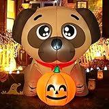 COMIN 5 FT Halloween Inflatables Dog Outdoor Yard Decorations Blow Up Pug Holding Pumpkin with Built-in LEDs for Indoor Party Garden Lawn Decor